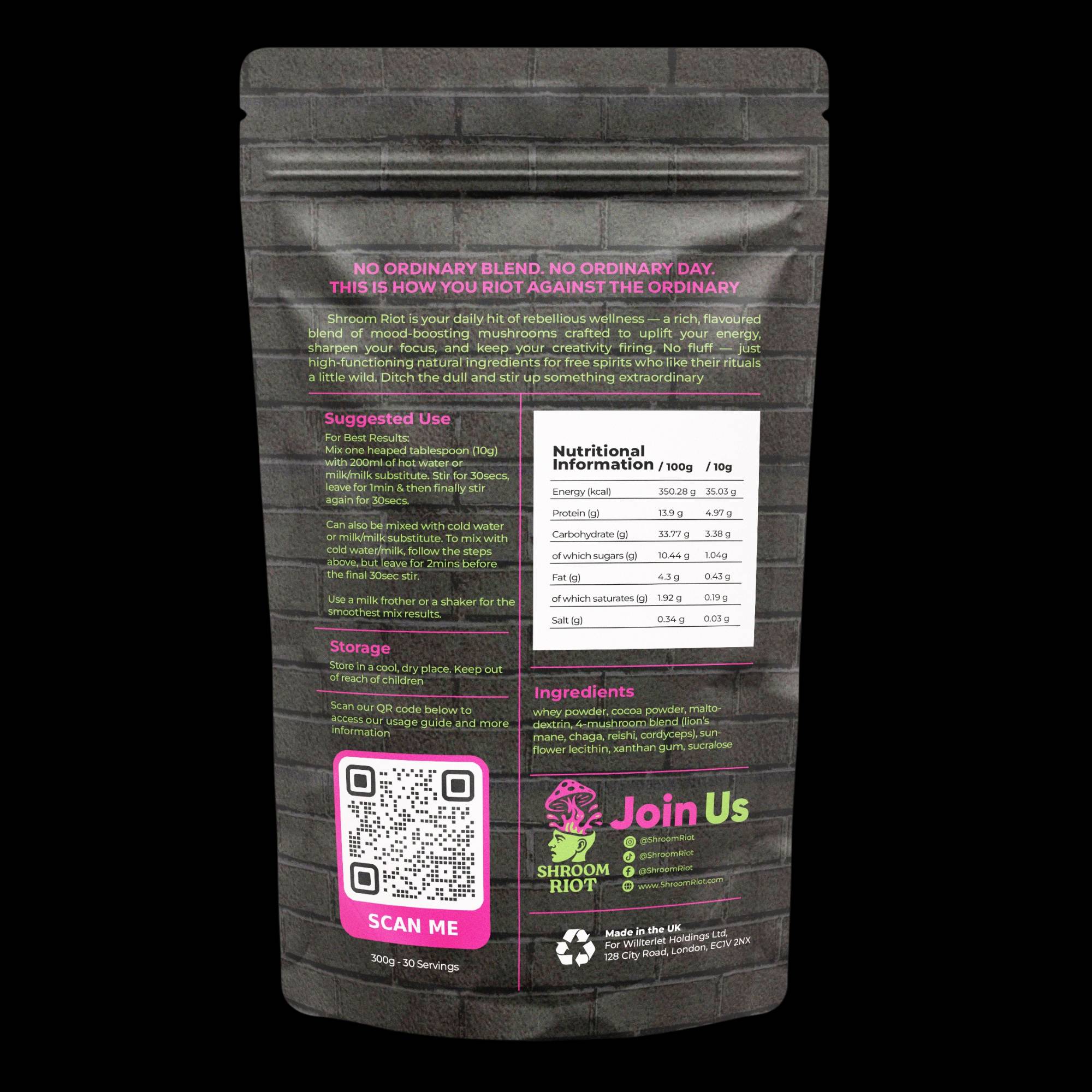 Shroom Riot cocoa prepared as a hot drink in a mug with mushroom superblend ingredients