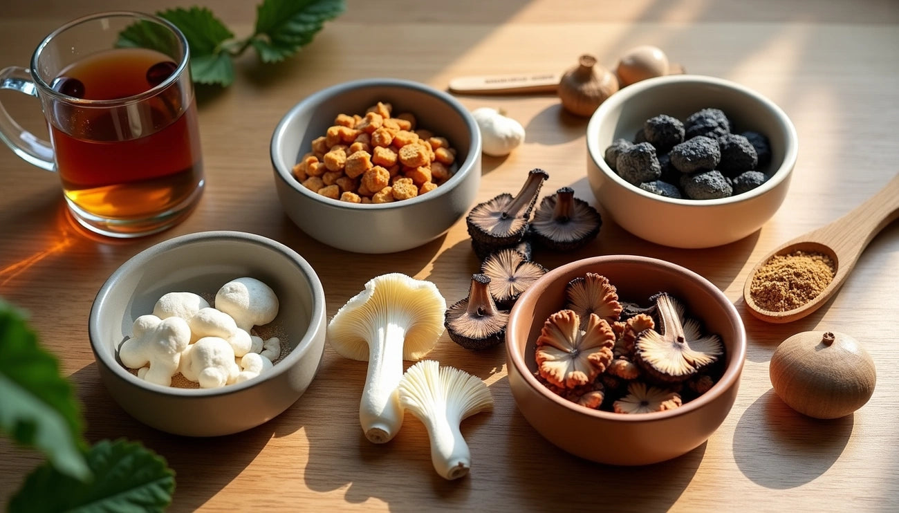 Various dried and fresh functional mushrooms with a cup of herbal tea on a wooden table in natural light.