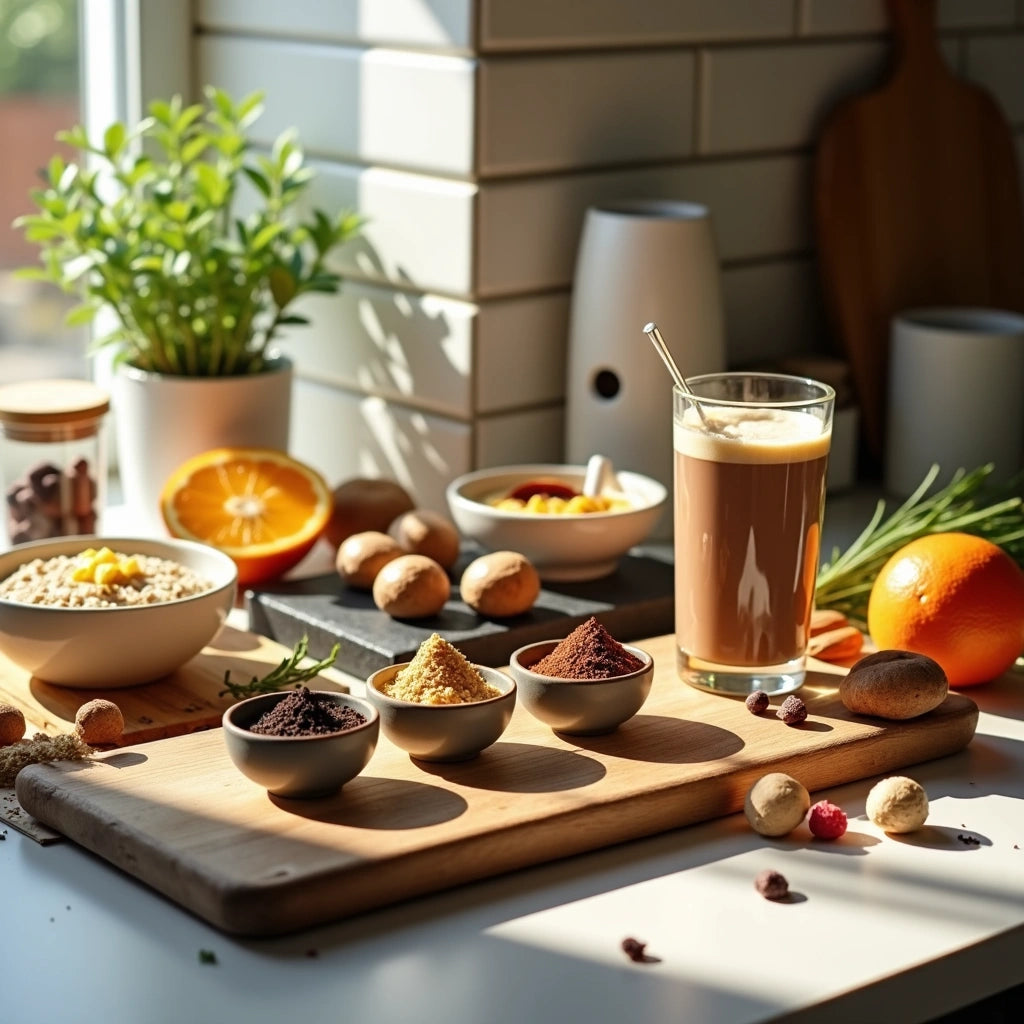 A kitchen counter displaying powders in bowls, a glass of frothy drink, nuts, fruit, and a plant in natural sunlight.