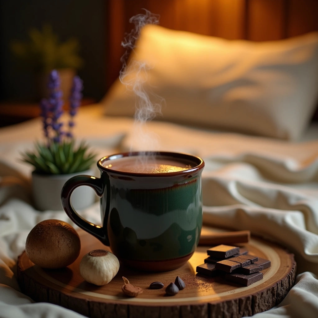 Steaming cup of mushroom-infused chocolate on a wooden tray with chocolate pieces and mushrooms, set on a bed.
