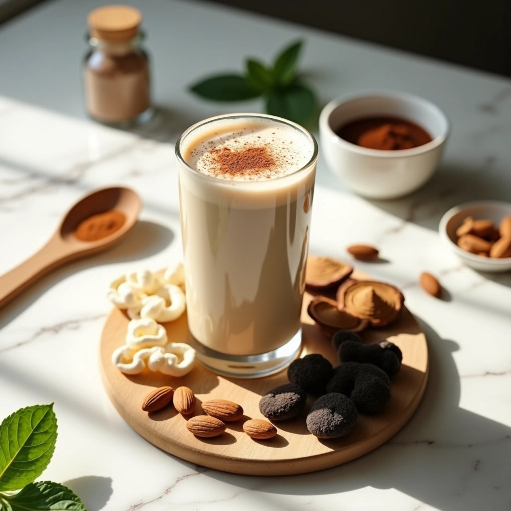 Milkshake topped with cinnamon powder surrounded by almonds, cashews, and functional mushroom supplements on a wooden board.