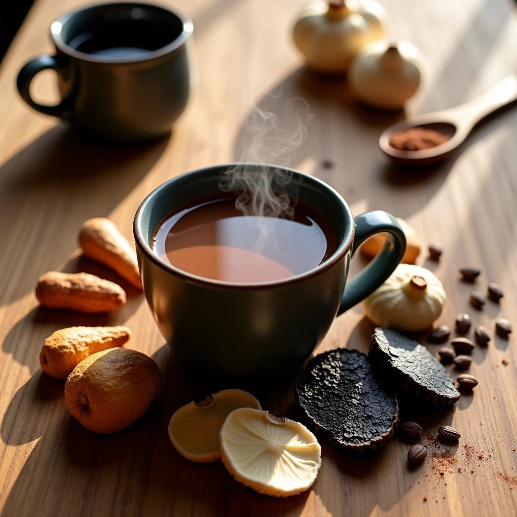 Steaming cup of cocoa surrounded by mushrooms, dried fruits, coffee beans, and a spoon of cocoa powder on wood surface.