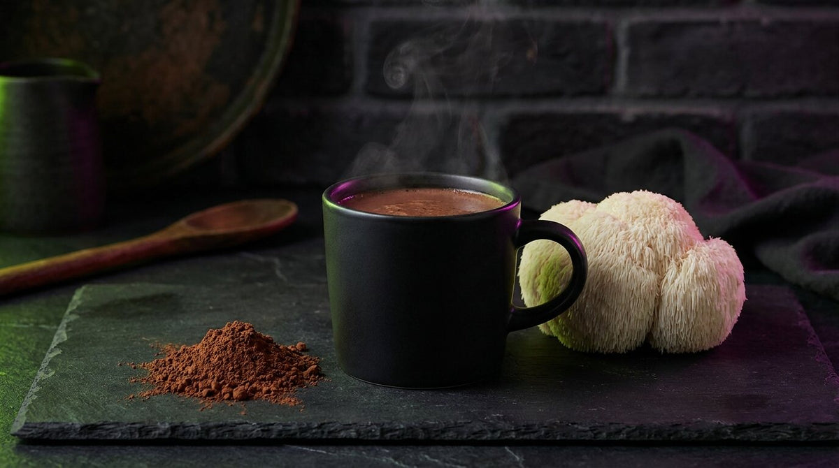 A steaming black mug of mushroom hot chocolate beside cocoa powder and a white lion's mane mushroom on dark slate
