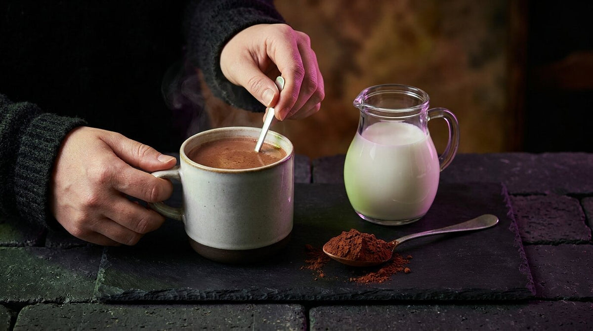 Hands stirring a mug of hot chocolate next to a jug of milk and a spoonful of cocoa powder