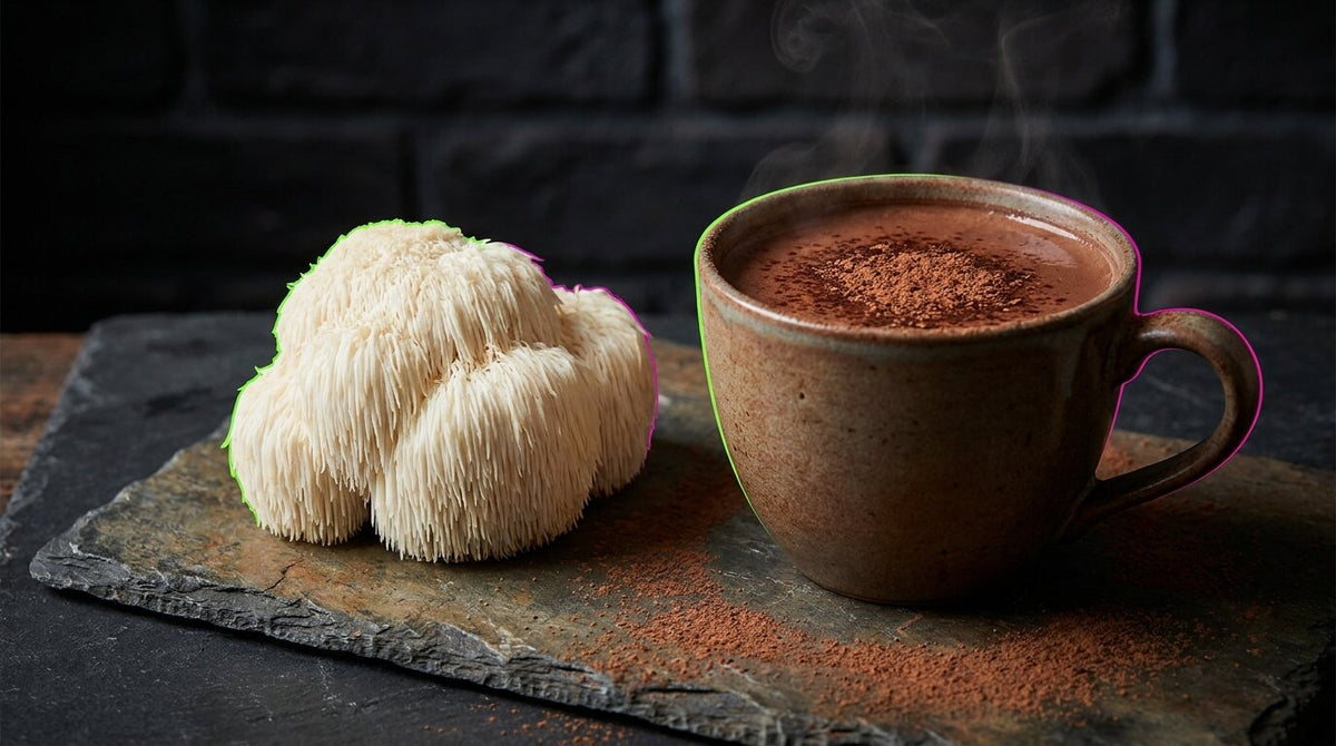 A white lion's mane mushroom with long spines next to a cup of hot chocolate