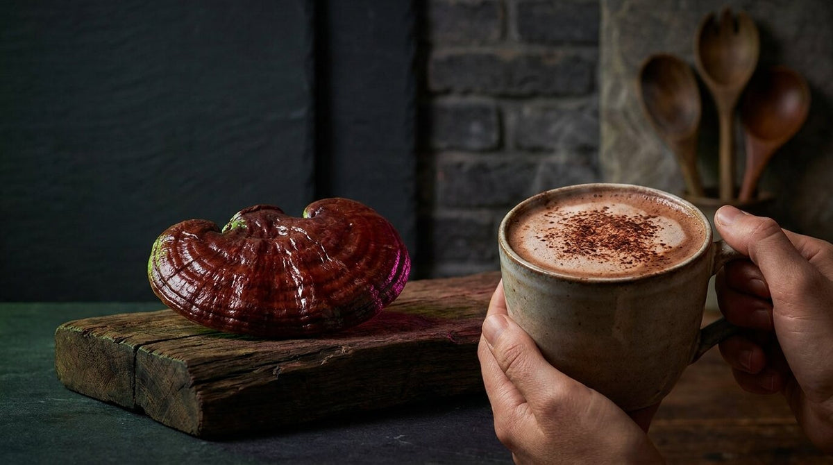 A glossy red reishi mushroom on a wooden board beside a mug of hot chocolate