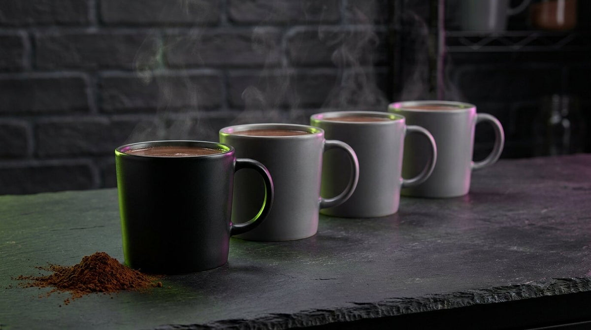 Four mugs of hot chocolate in a row on dark slate with a small heap of cocoa powder